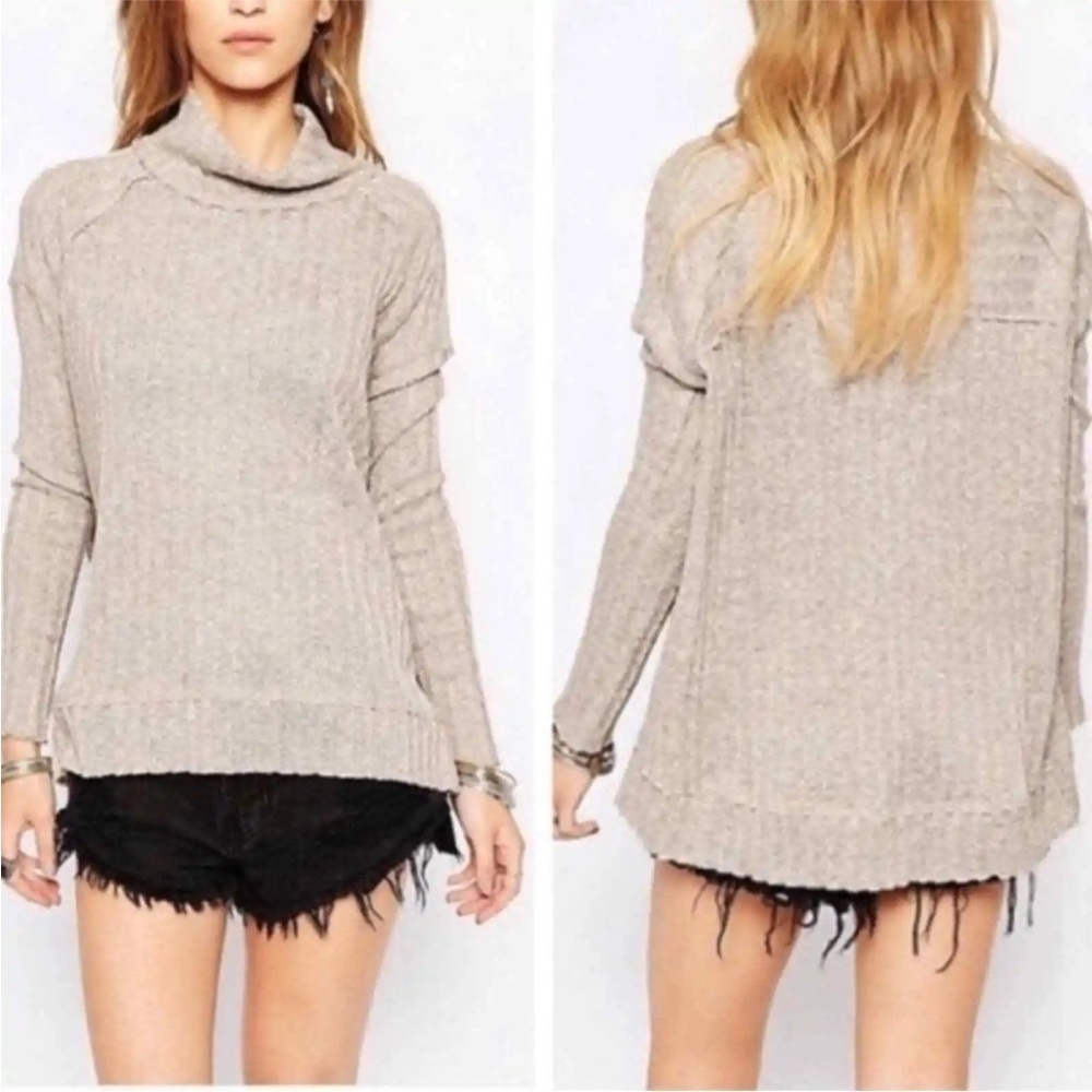 Free People Taupe Clarissa Mock Neck Ribbed Sweater